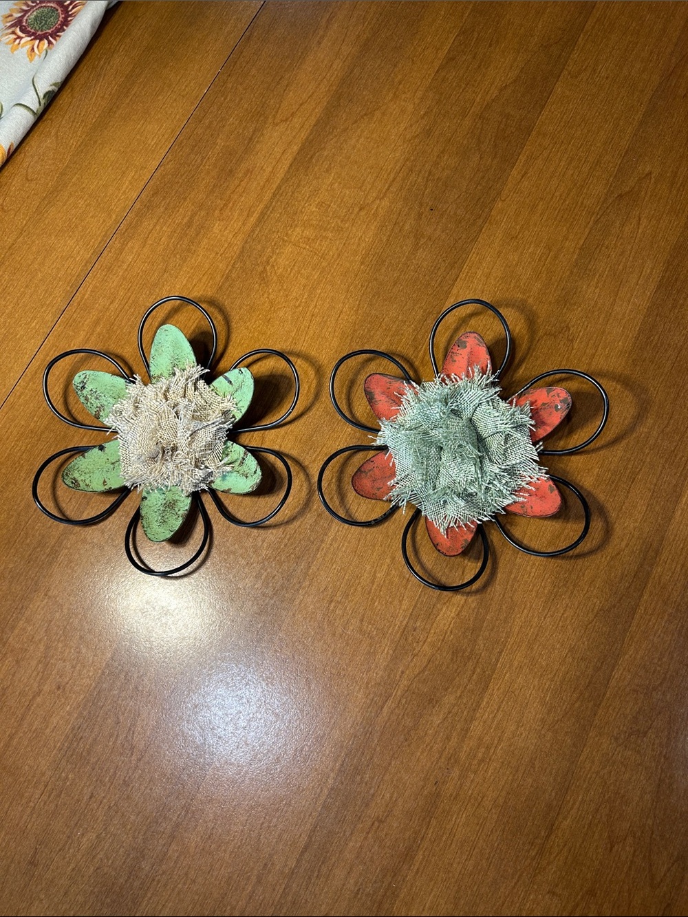 Set of 2 Distressed Metal Flower Wall Accents - Green & Coral